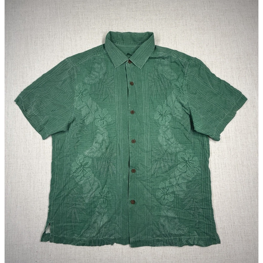 Tommy Bahama 100% Silk Hawaiian Shirt Green Floral Camp Button Up L